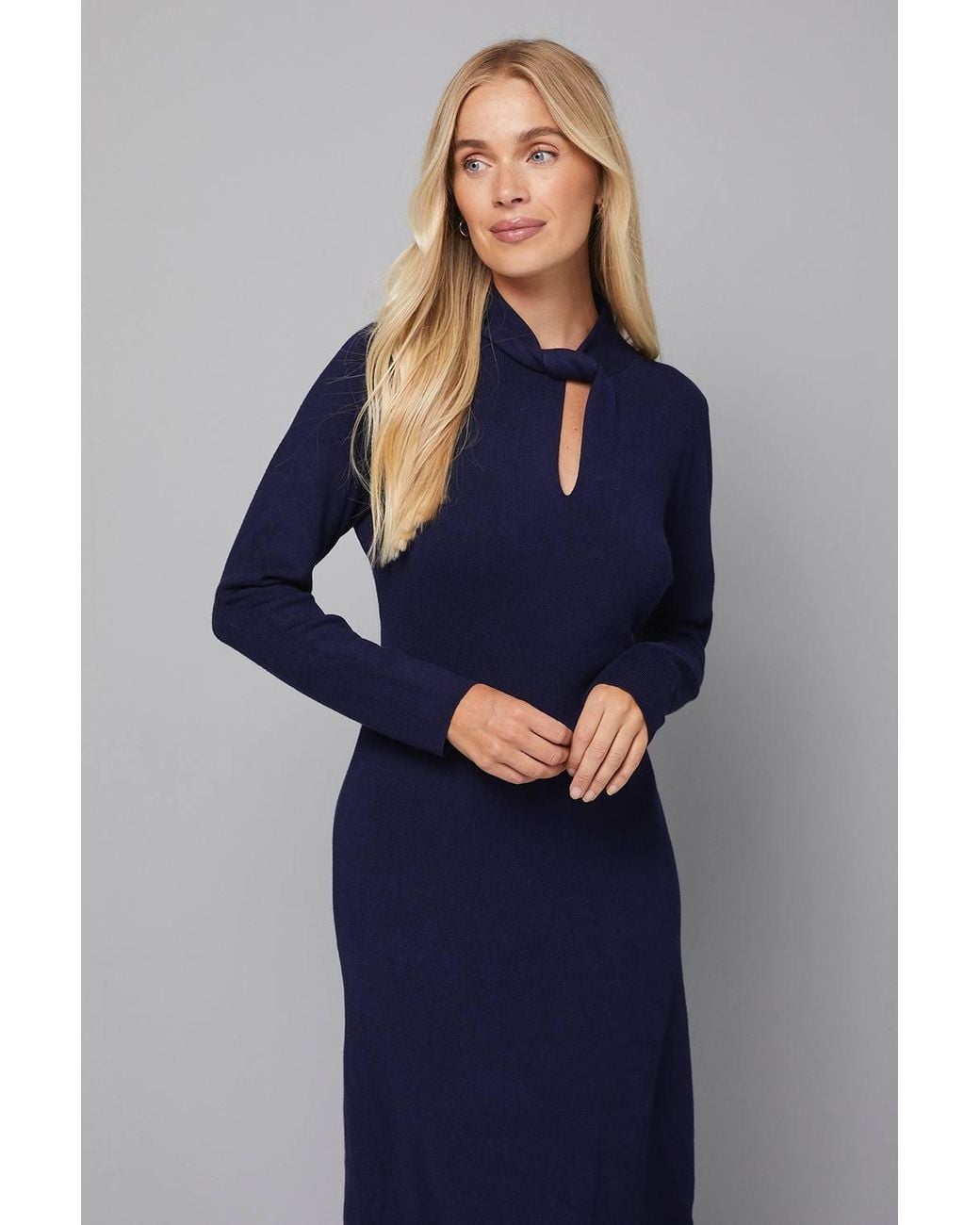 Wallis Blue Petite Twist Neck Keyhole Knitted Dress