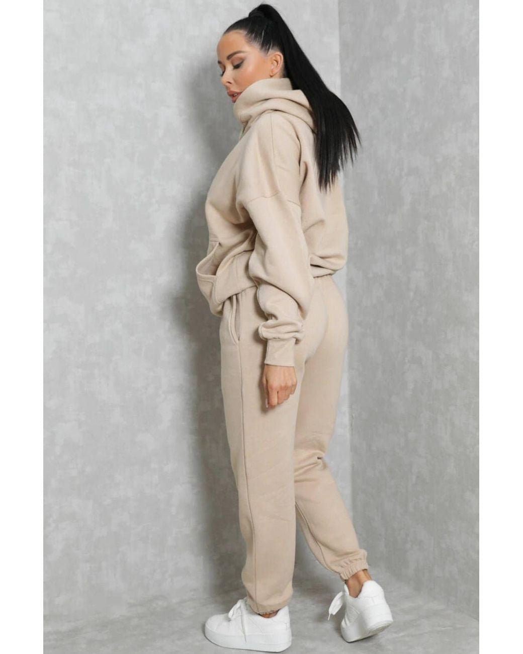Femme Luxe Natural Oversized Front Pocket Pullover Hoodie Cuffed Joggers Loungewear Set