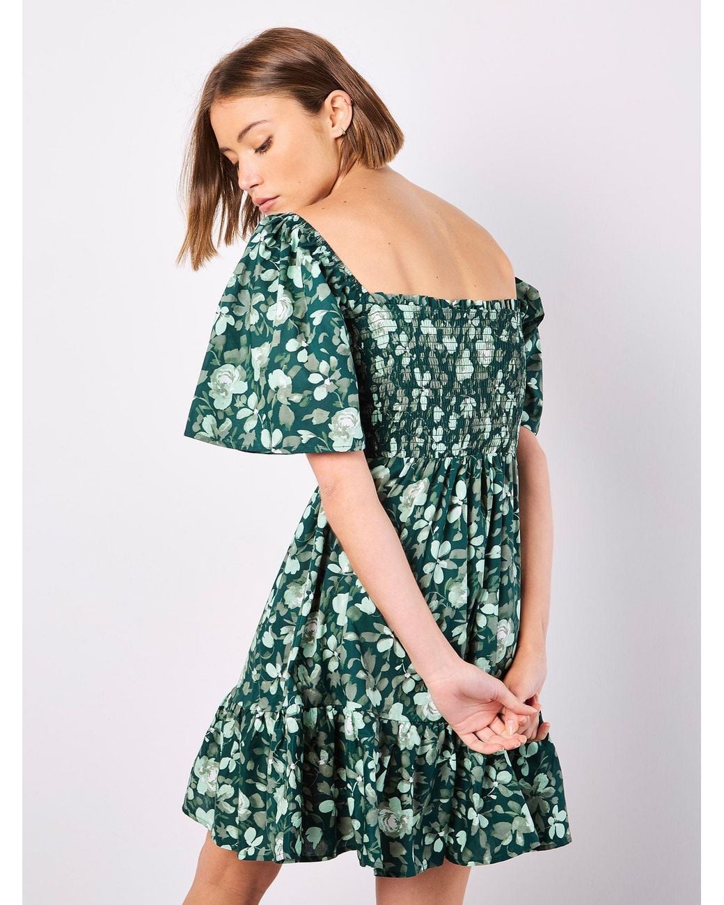 Apricot Green Smocked Cotton Floral Mini Dress