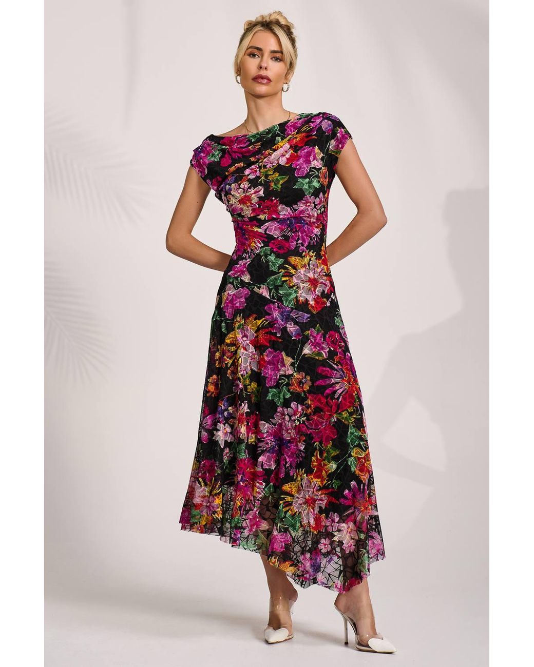 Jolie Moi Red Asymmetric Draped Print Lace Maxi Dress