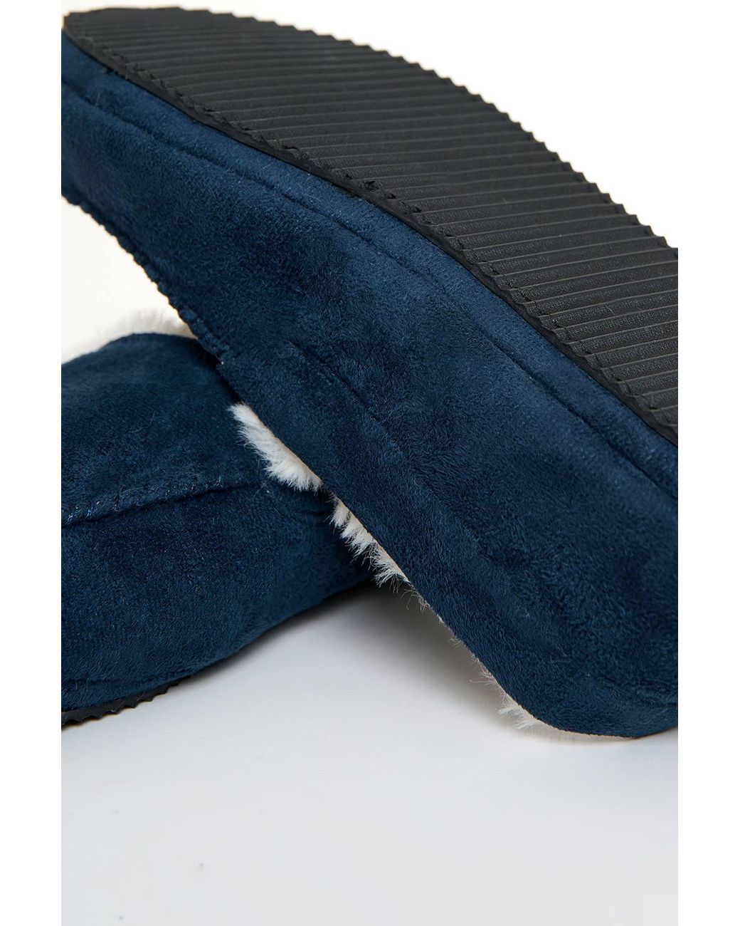 Threadbare Blue Faux Suede Faux Fur Lined Moccasin Slippers for men