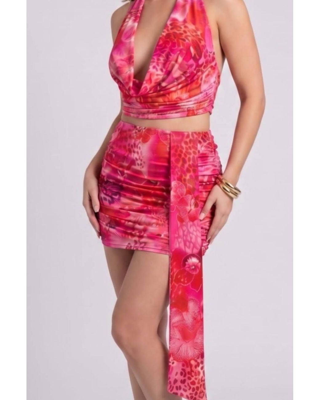 Stylewise Red Floral Halter Neck Crop Top & Ruched Skirt Drape Co-Ord