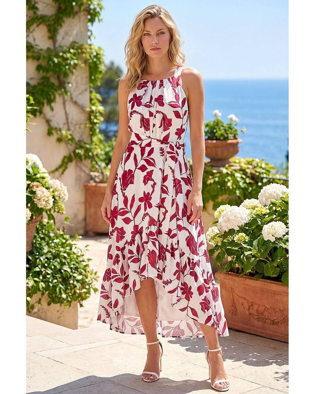 Roman Red Floral Jacquard Halter Neck Dress
