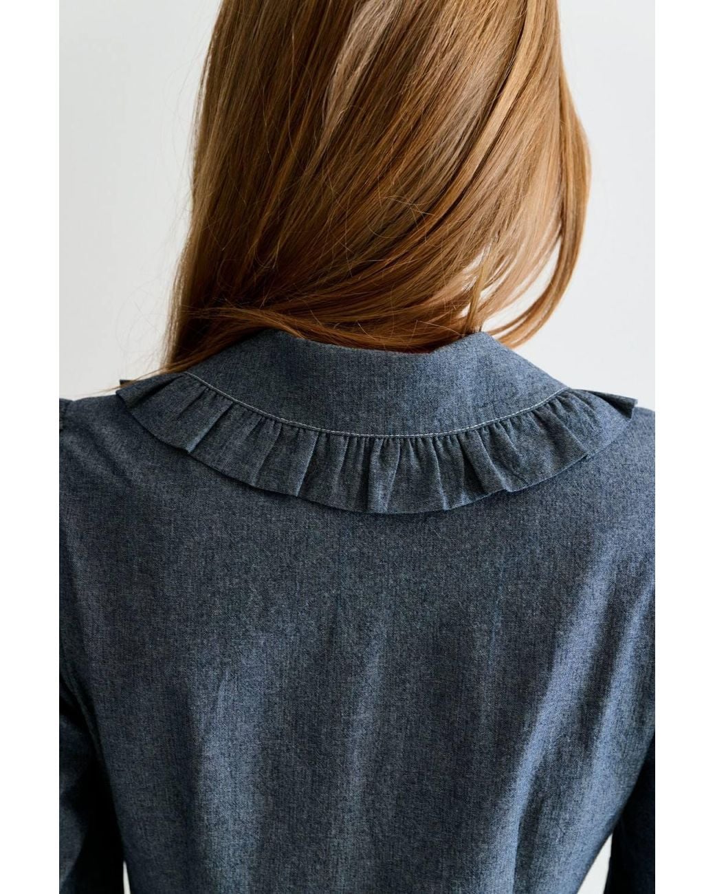 Louche Blue Zoya Chambray Zip Front, Frill Collar Midi Dress