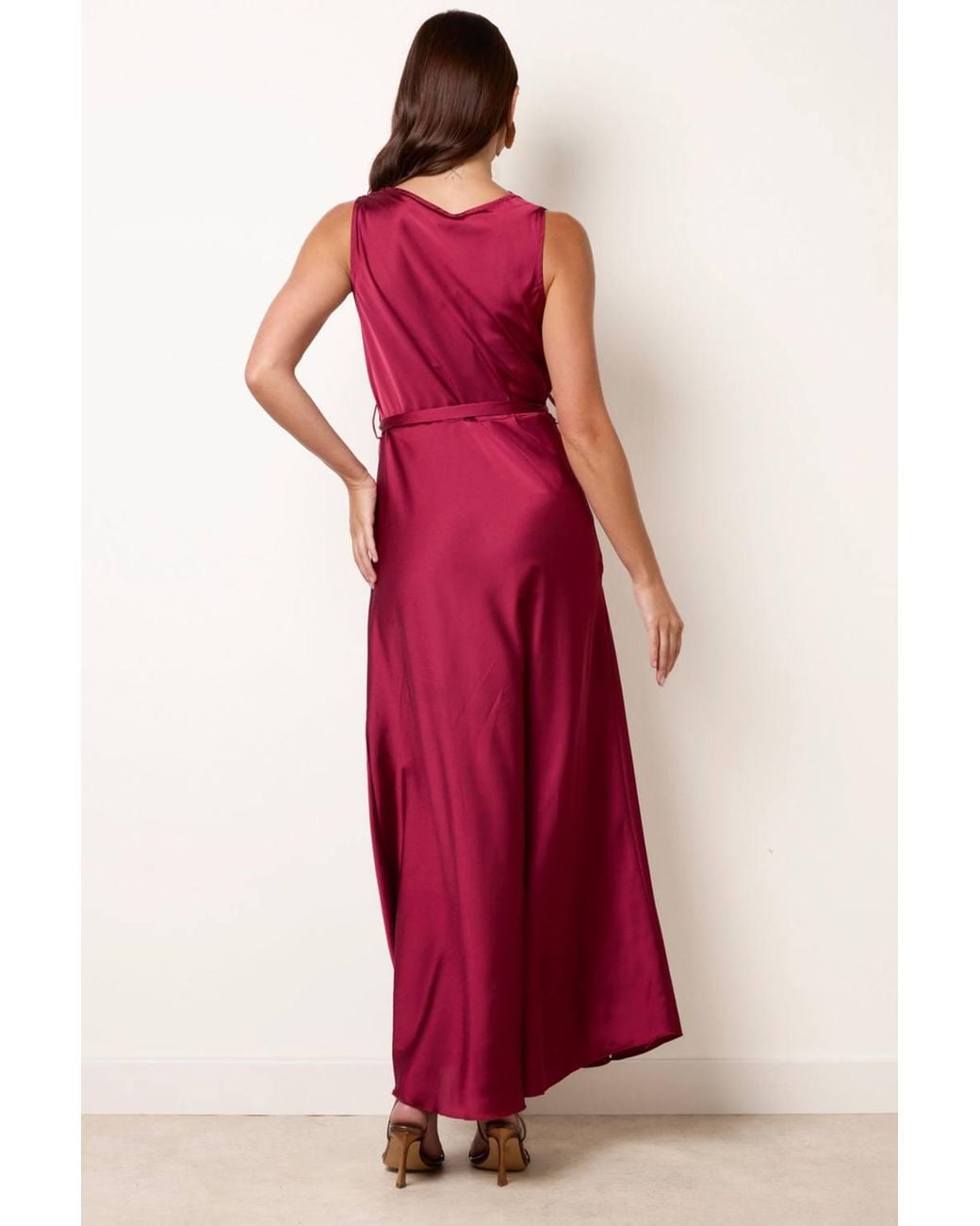Blue Vanilla Red Sleeveless Belted Cowl Neck Maxi Dress