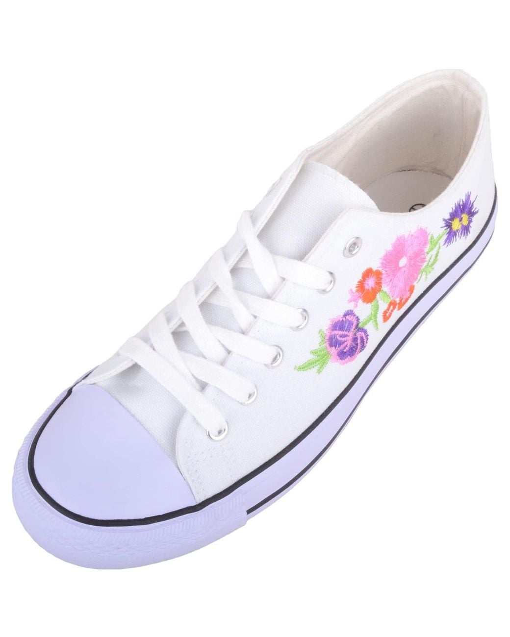Absolute Footwear White Lace Up Low Top Canvas Summer Holiday Pumps With Floral Design