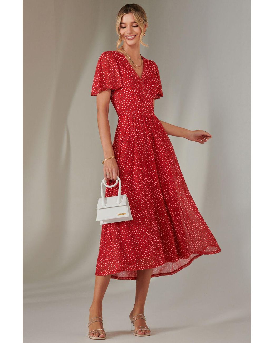 Jolie Moi Red Angel Sleeve Wrap Bodice Mesh Maxi Dress