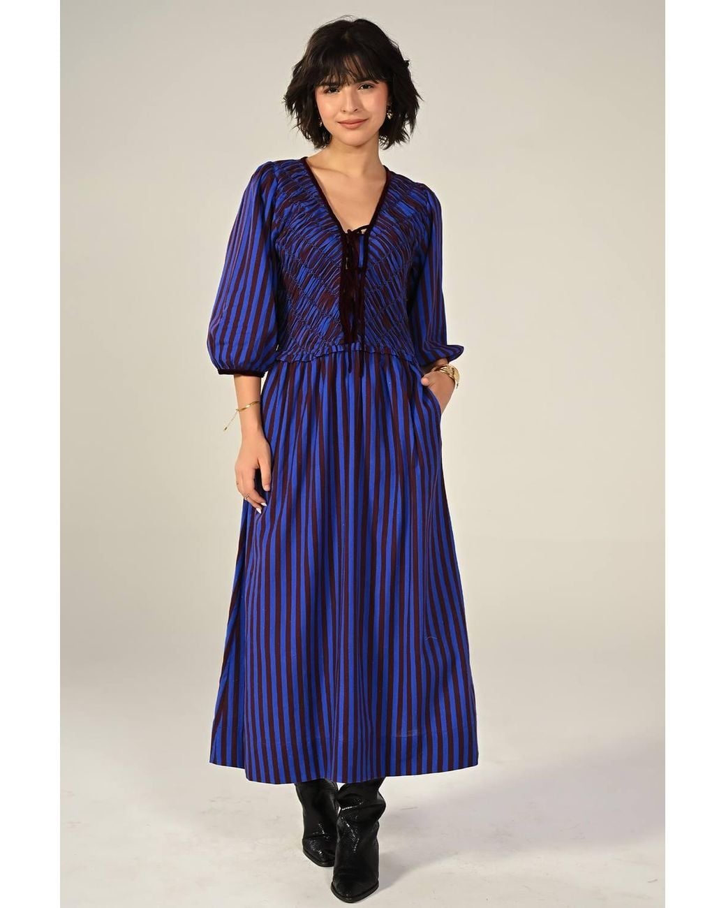 Rose & Nancy Blue Isla Hand Smocked & Burgundy Stripe Midi Dress