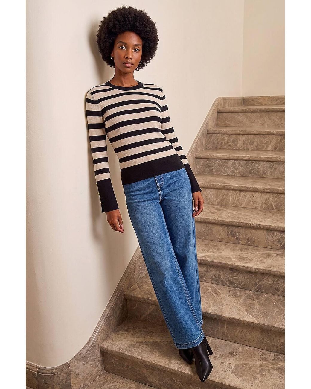 Roman White Stripe Button Detail Knit Jumper
