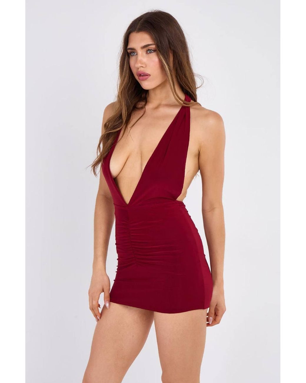 Stylewise Red Open Back Halter Ruched Bodycon Mini Dress