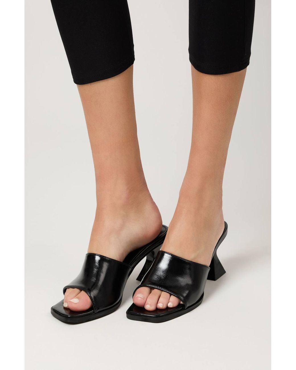 Public Desire Black Romi Patent Mule Square Toe Flared Block Mid Heels