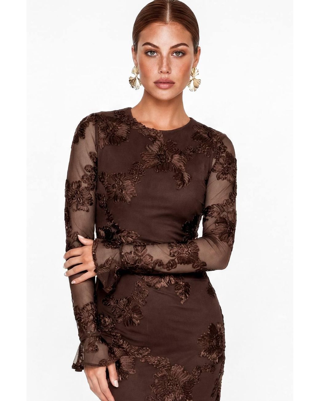 Maya Deluxe Brown 3D Floral Applique Long Sleeve Mesh Maxi Dress