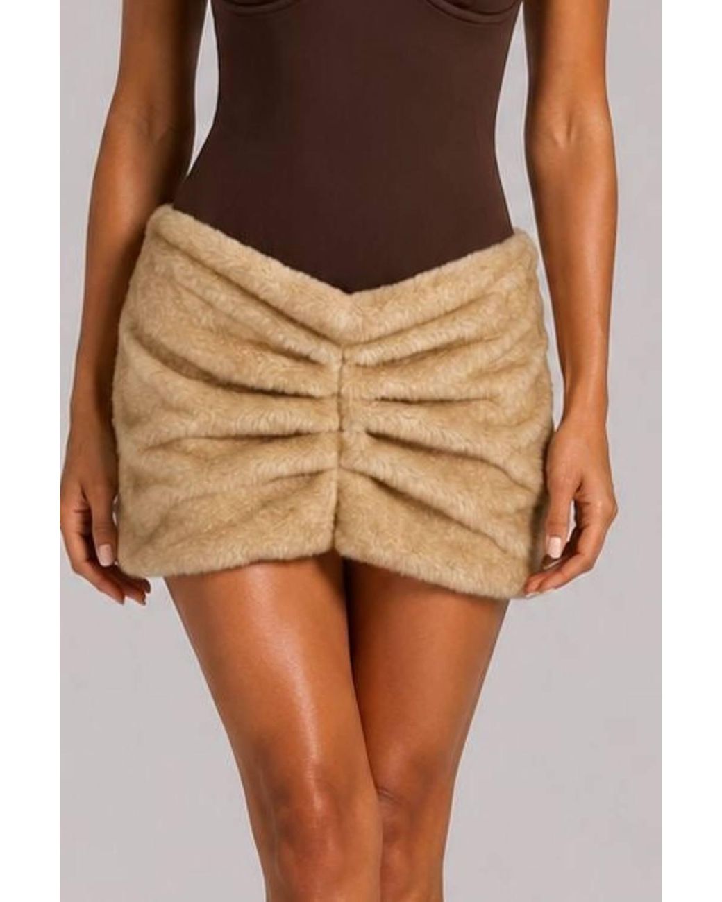 Stylewise Brown Faux Fur Ruched Mini Skirt