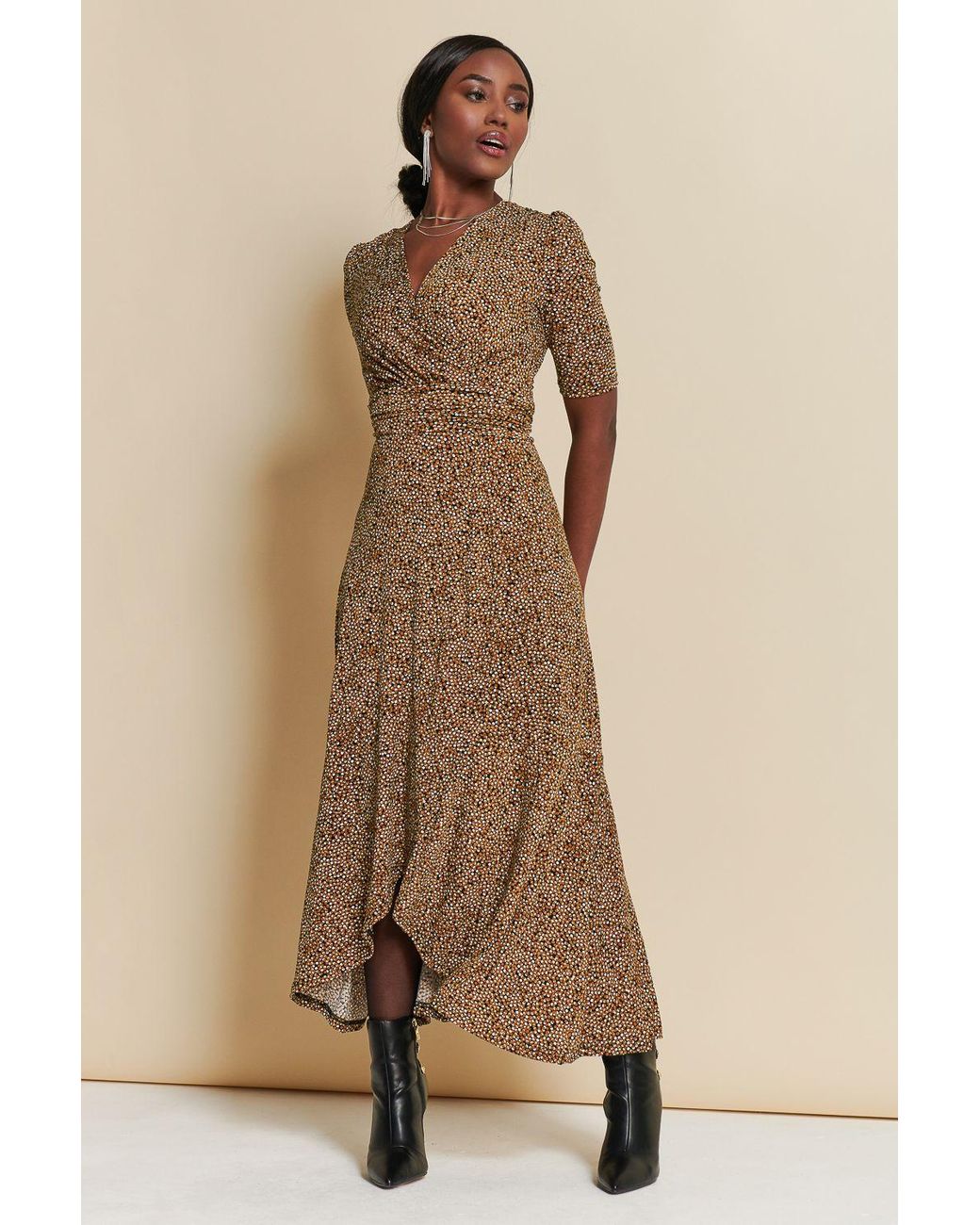 Jolie Moi Natural Print Viscose Frill Hem Maxi Dress