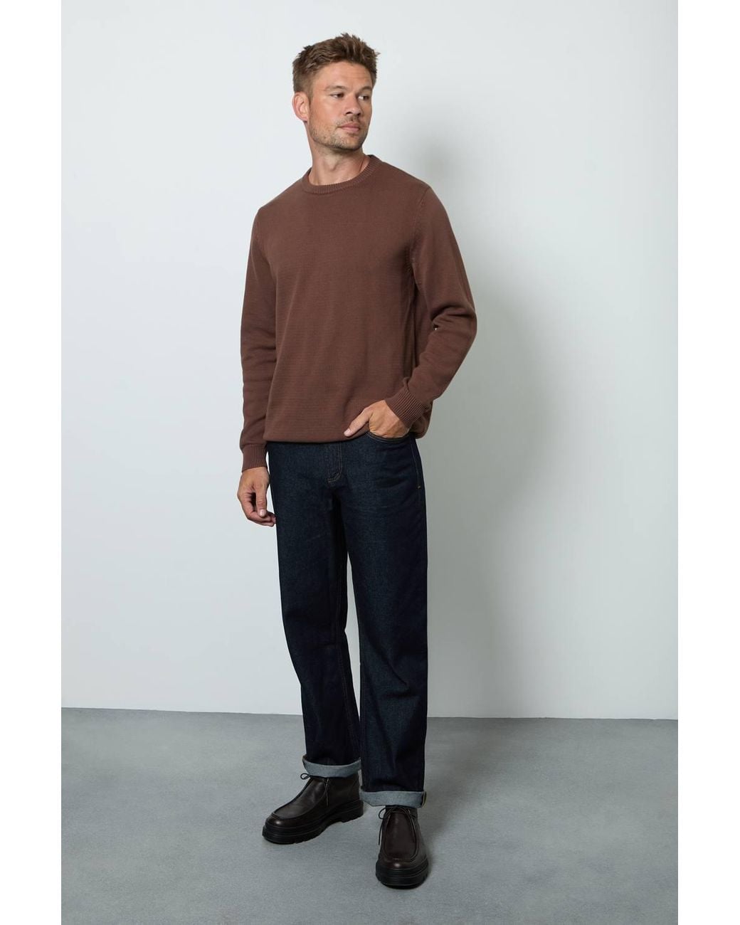 MAINE Brown Chocolate Premium Pure Cotton Crew Neck Jumper for men