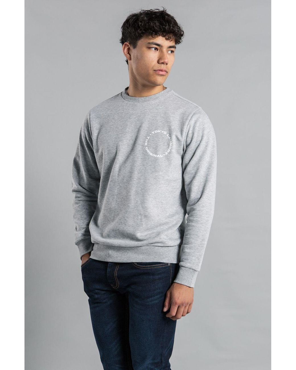 Tokyo Laundry Gray Crew Neck Sweatshirt With Logo Print for men