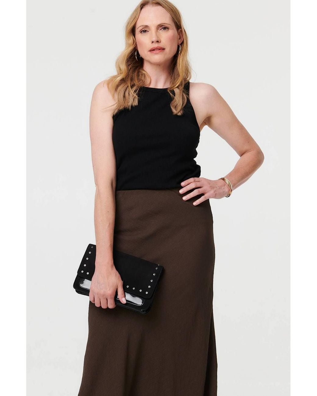 Izabel London Black High Waist Slim A-Line Midi Skirt