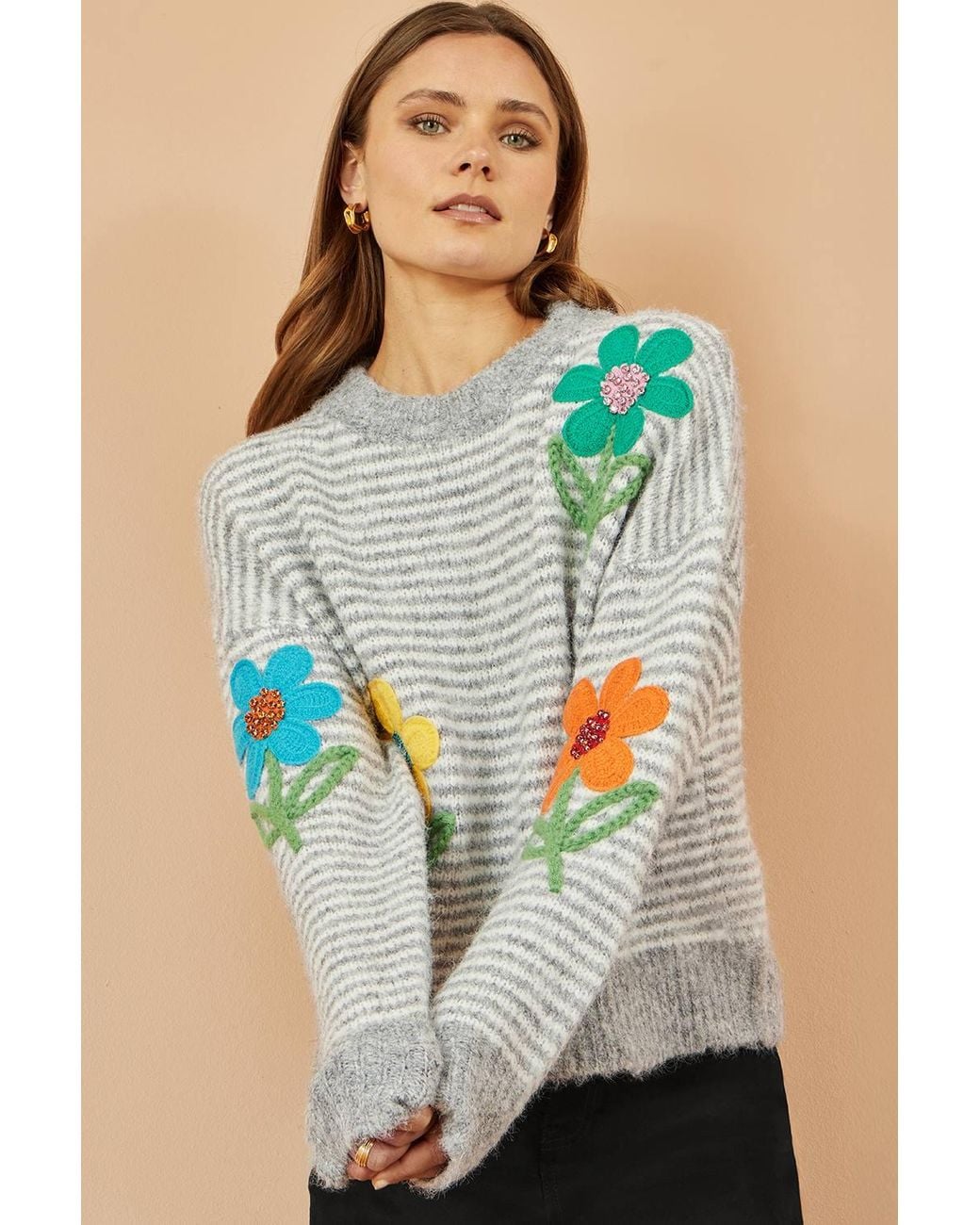 Yumi' Blue Striped Relaxed Fit Jumper With Flowers