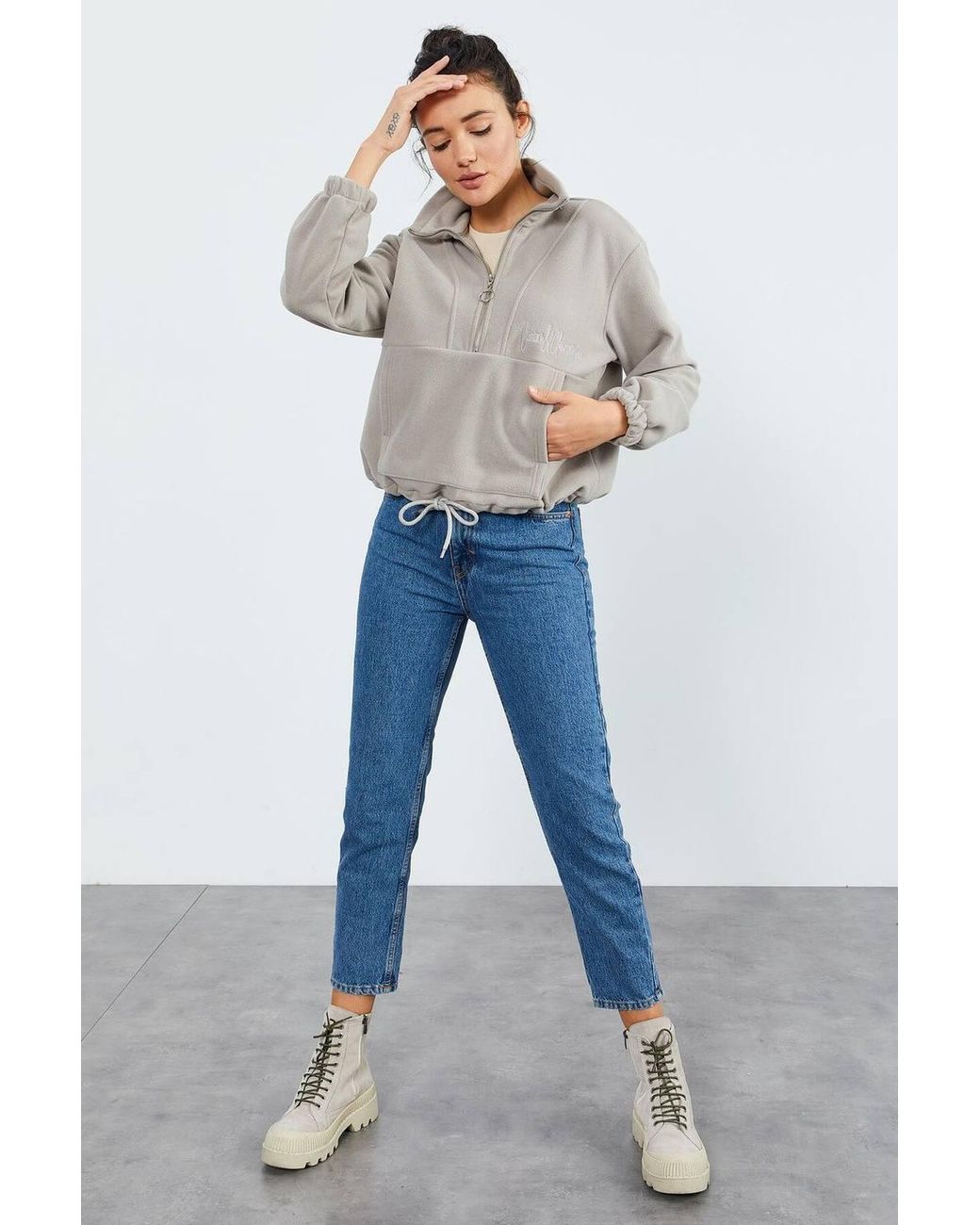 TOMMY LIFE Gray Oversized Half-Zip Plush Sweatshirt