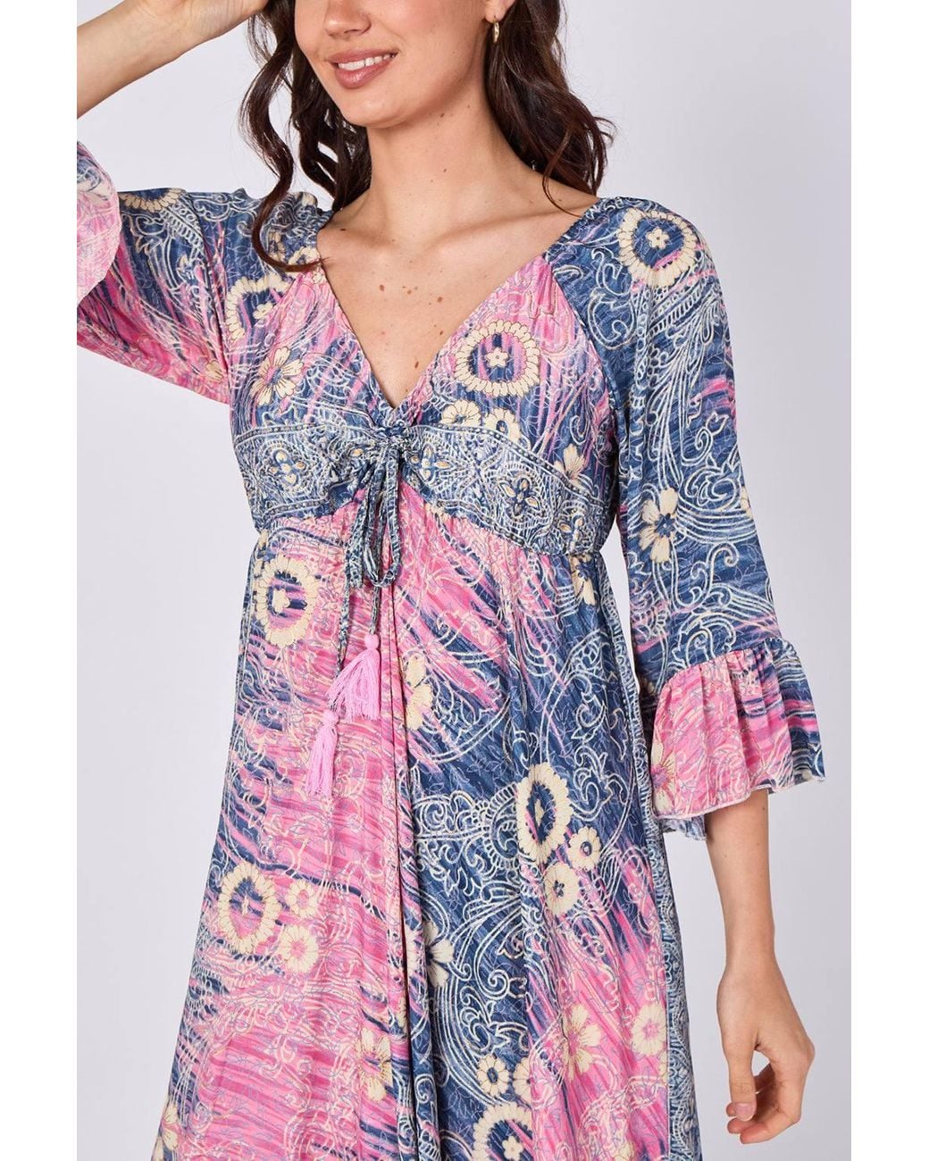 ELAINA FASHION Pink Bohemian Tie-Front Maxi Dress
