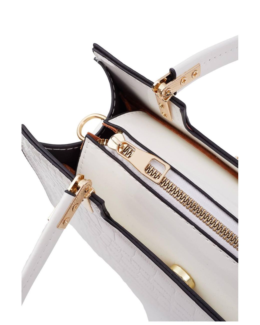 MODISHION White Glossy Pu Croc-Embossed Handbag With Crossbody Strap