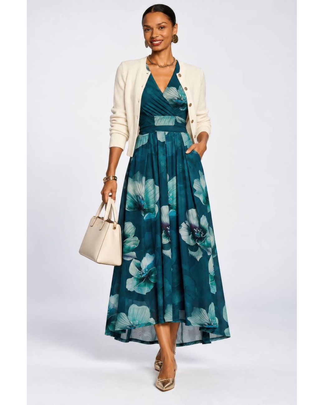 Jolie Moi Blue Long Sleeve V Neck Mesh Maxi Dress