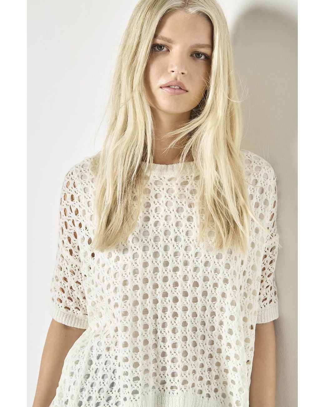 Apricot White Shimmer Mesh Layered Tunic Top