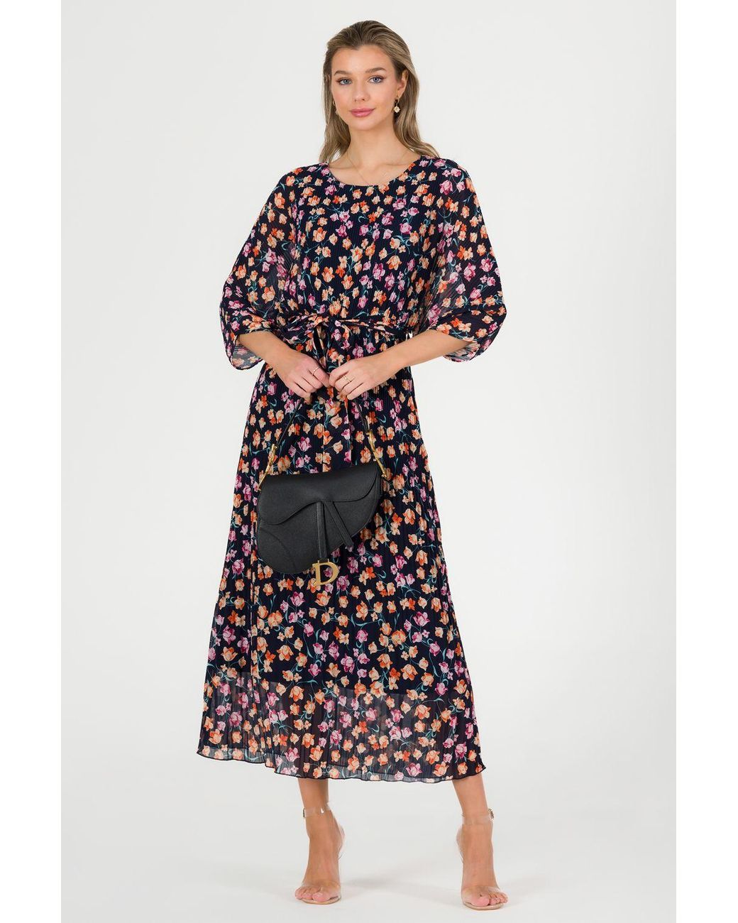 Jolie Moi Blue Chiffon Pleated Batwing Sleeve Maxi Dres