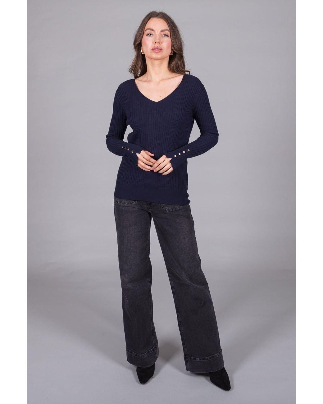 Solo Blue Ribbed V-Neck Jumper With Button Cuffs