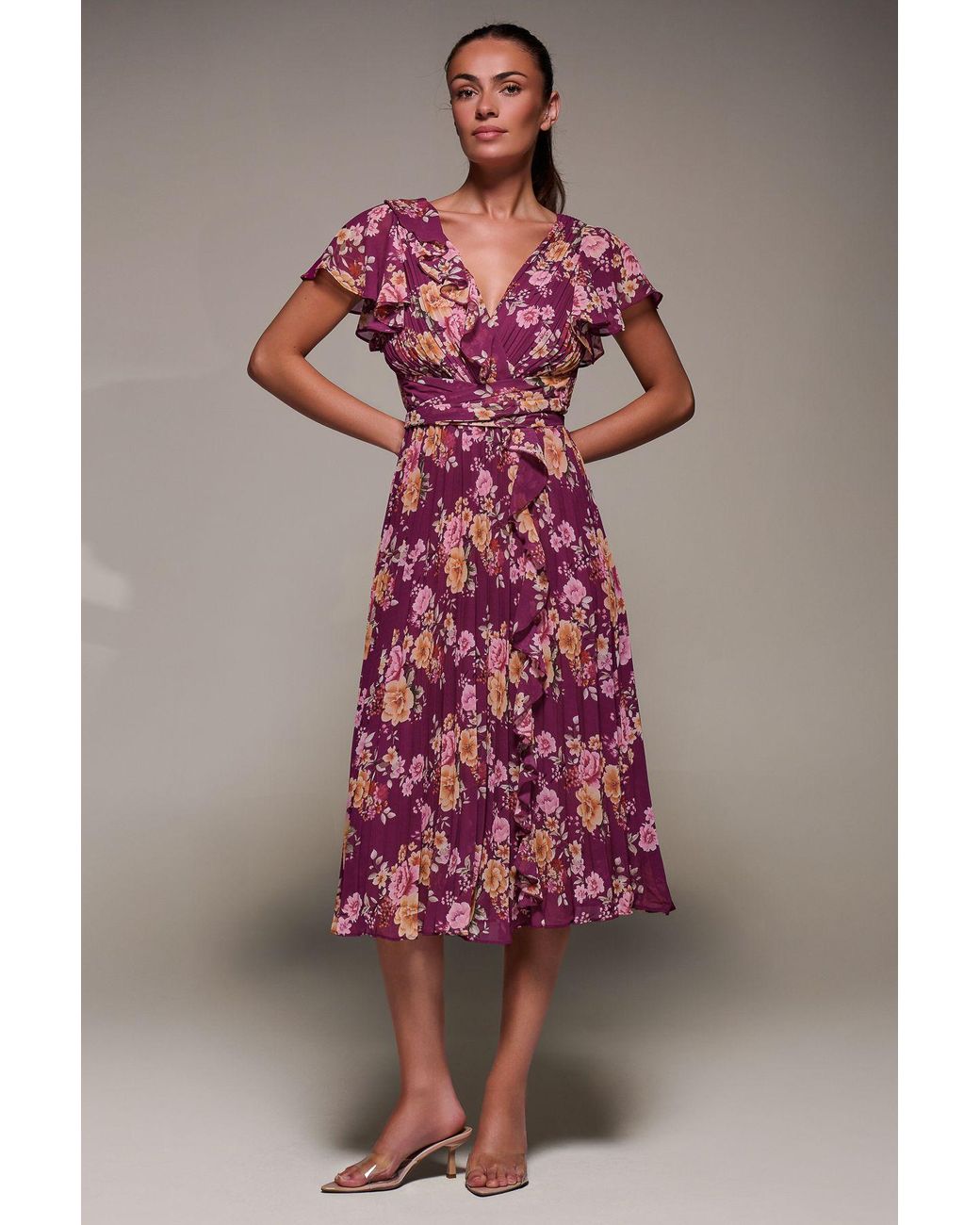 Jolie Moi Pink Printed Ruffle Detail Pleated Chiffon Midi Dress