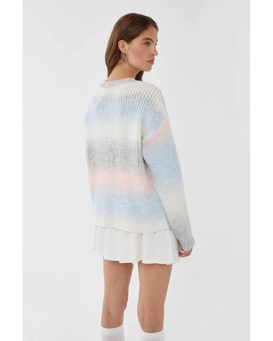 Hiccup White Striped Crew Neck Textured Knit Sweater
