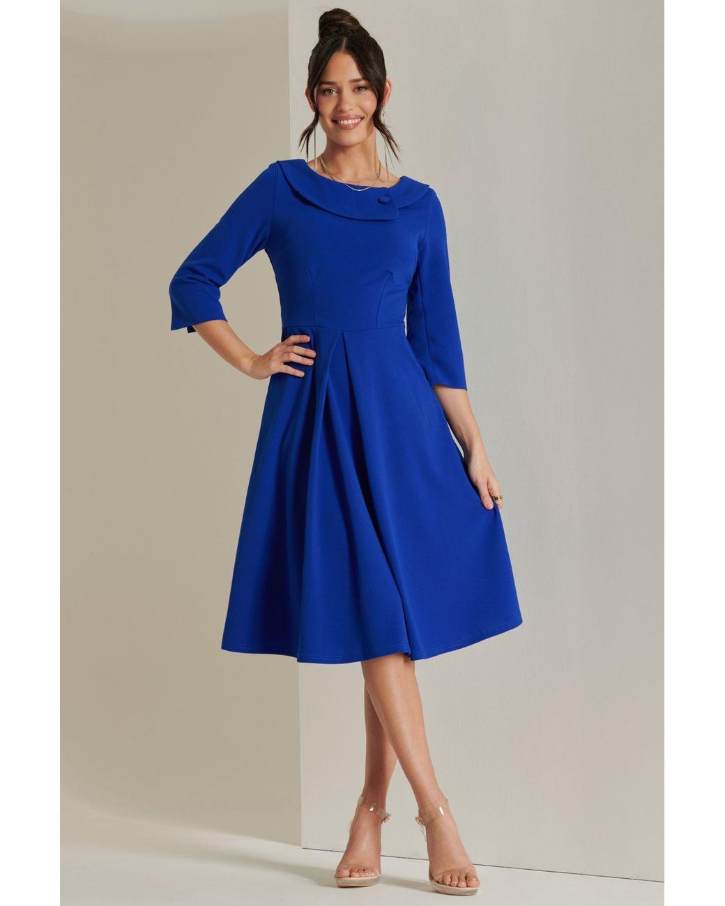 Jolie Moi Blue Fold Neckline Sleeved Midi Dress