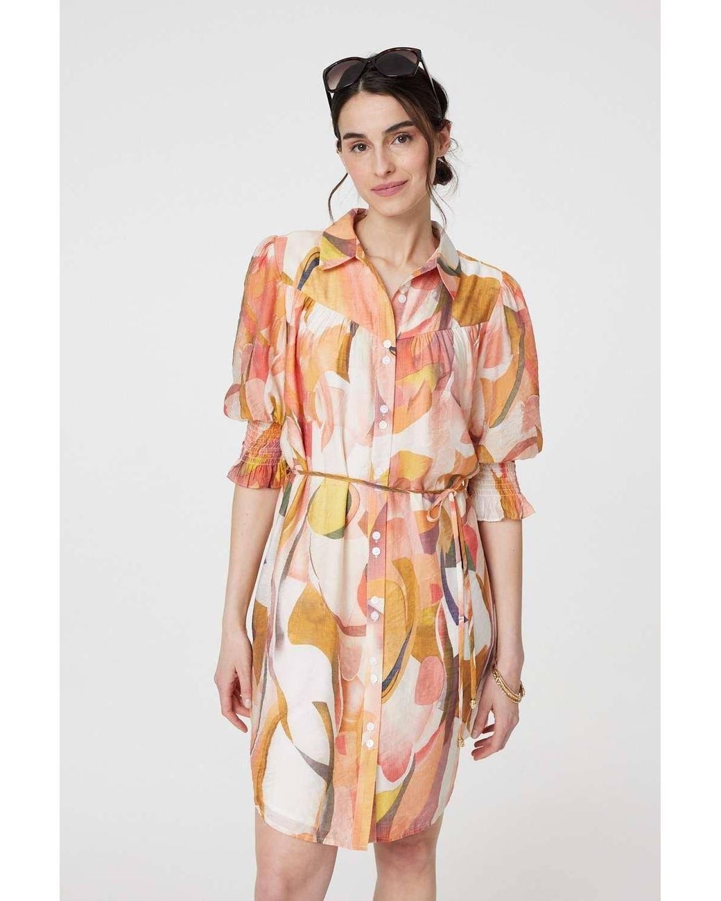 Izabel London White Printed 3/4 Puff Sleeve Shirt Dress