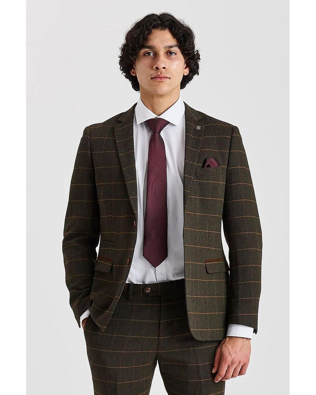 Paul Andrew Gray 3 Piece Herringbone Check Wool Blend Tweed Suit for men