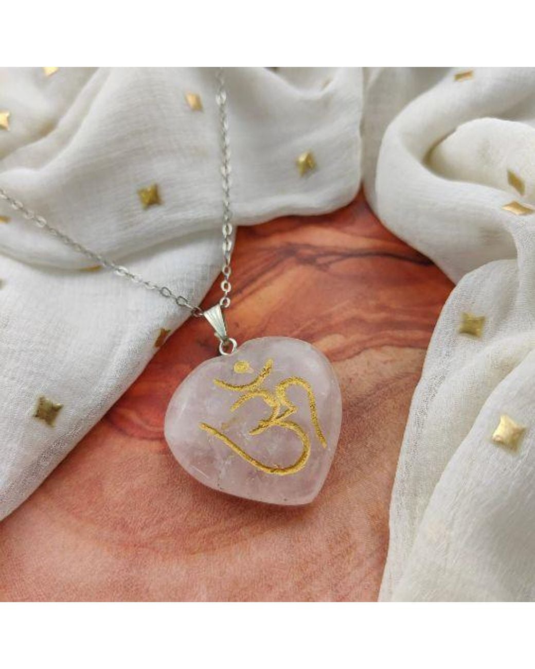 The Colourful Aura Real Rose Quartz Crystal Om Carved Heart Shape Natural Stone Pendant Necklace