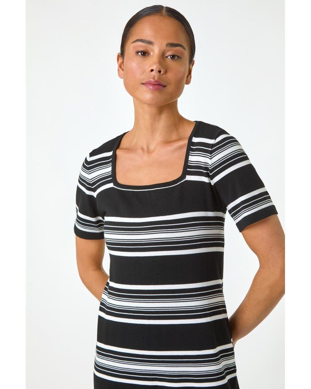 Roman Black Petite Stripe Knit Dress