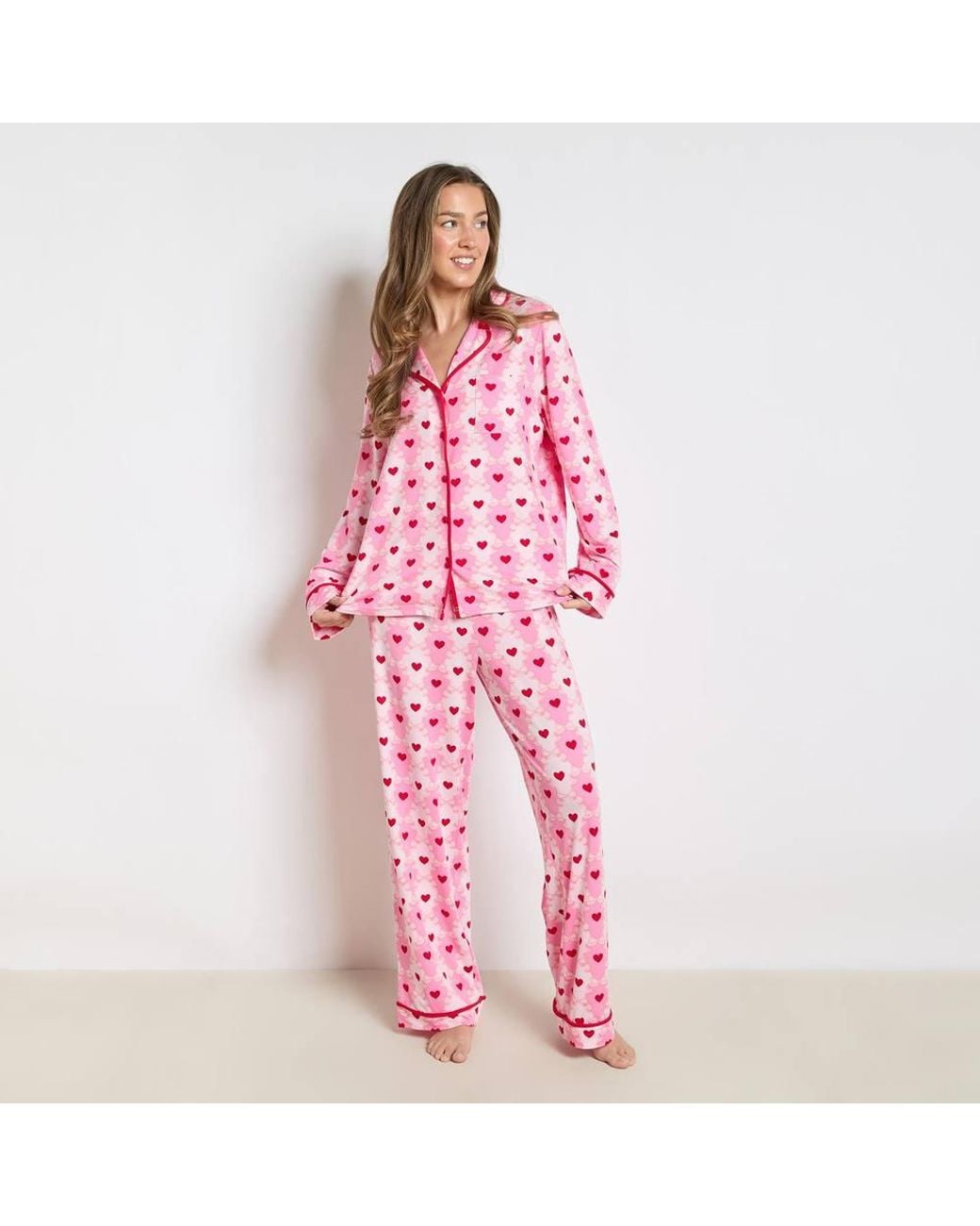 OHS Pink Cherry Bow Print Jersey Button Through Pyjama Set Nightwear