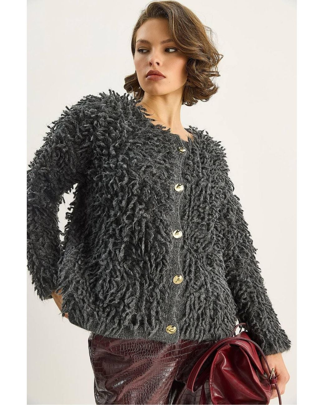 Bianco Lucci Black Textured Button-Up Cardigan