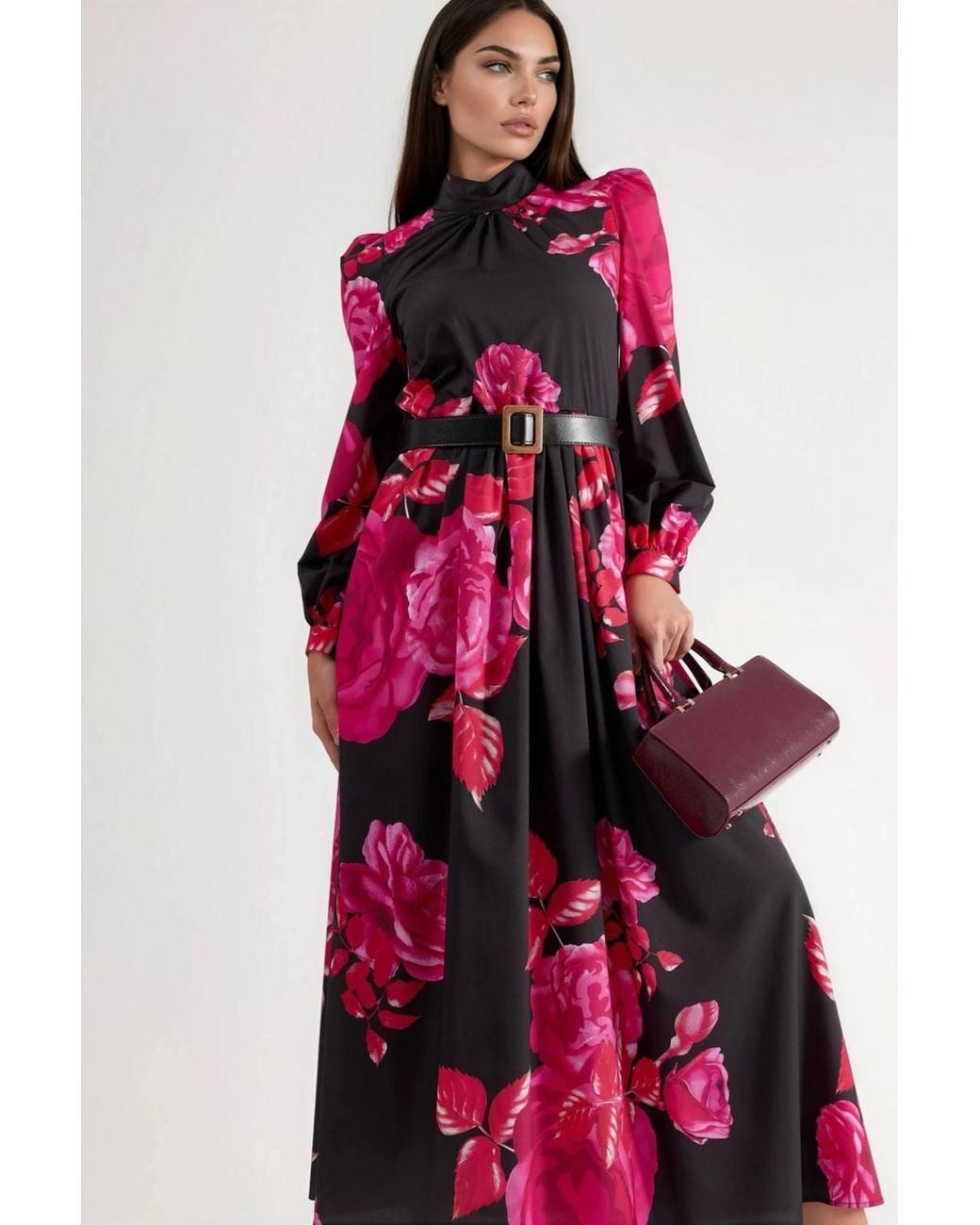 Msn-Collection Red Floral Belted Maxi Dress With Half Turtleneck