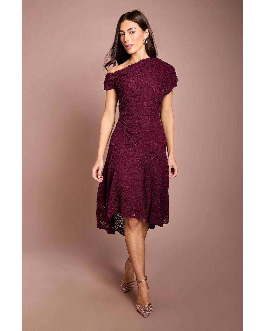 Coast Purple Off The Shoulder Lace Hi Lo Dress