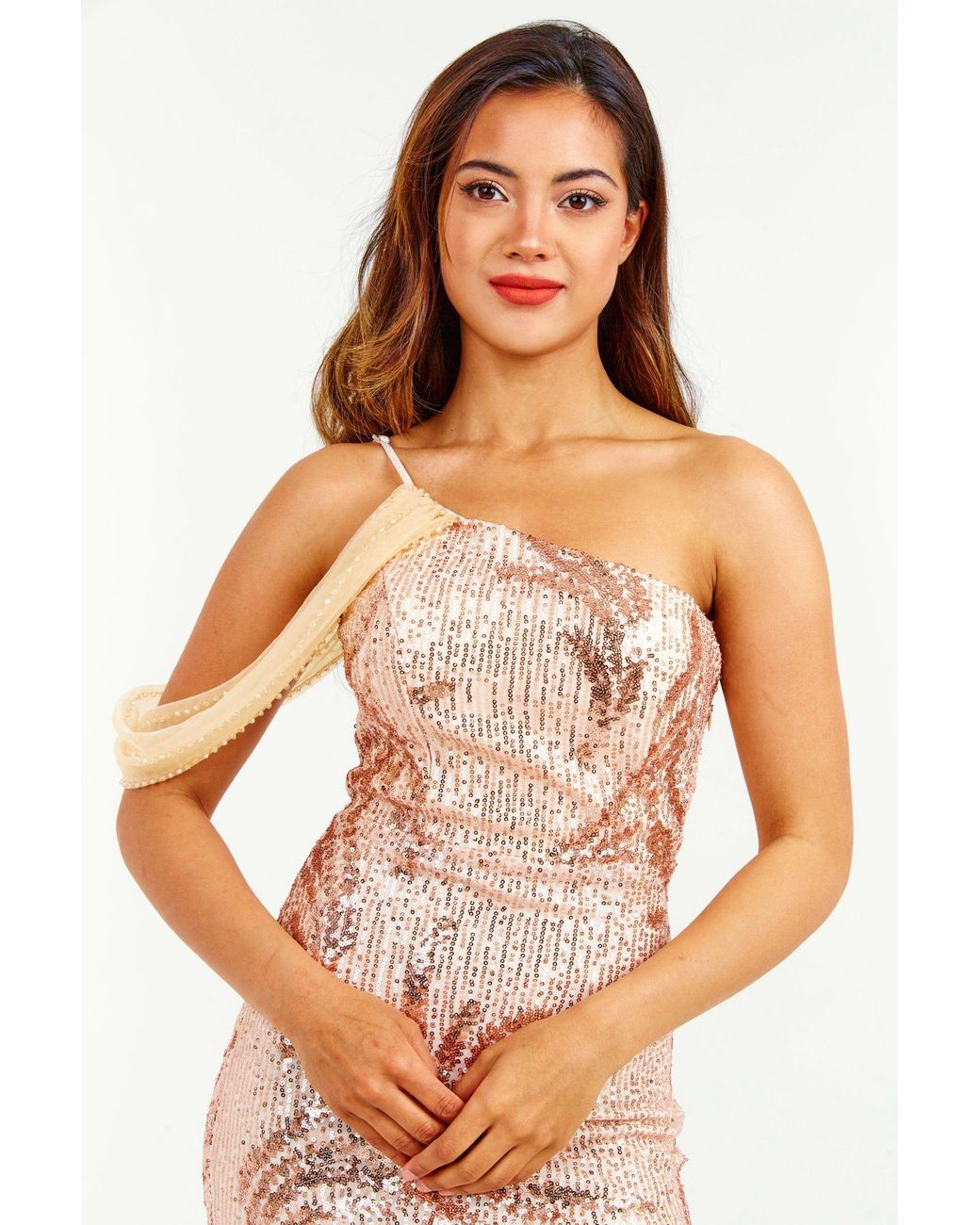 LuvForever Fashion Metallic Champagne Sequin Embroidered Side Split Maxi Dress