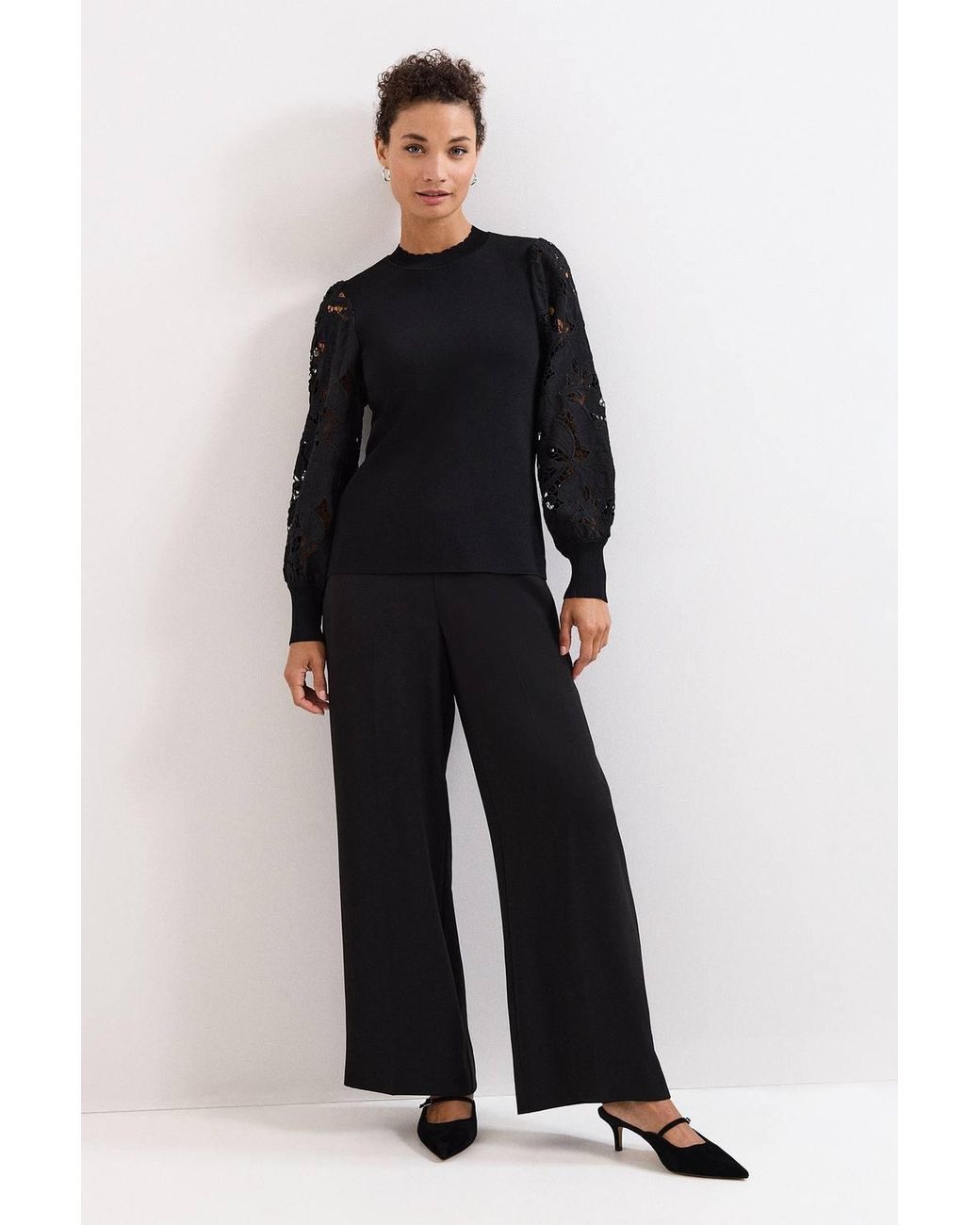 Phase Eight Blue Harriet Lace Sleeve Round Neck Jumper