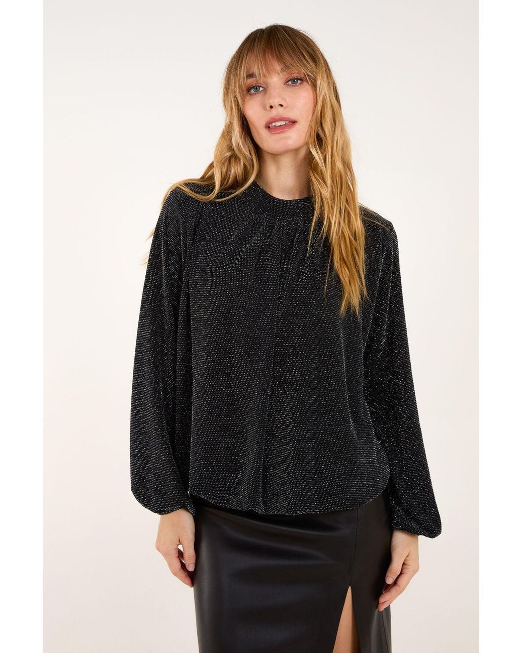 Blue Vanilla Black Metallic High Neck Puffball Top