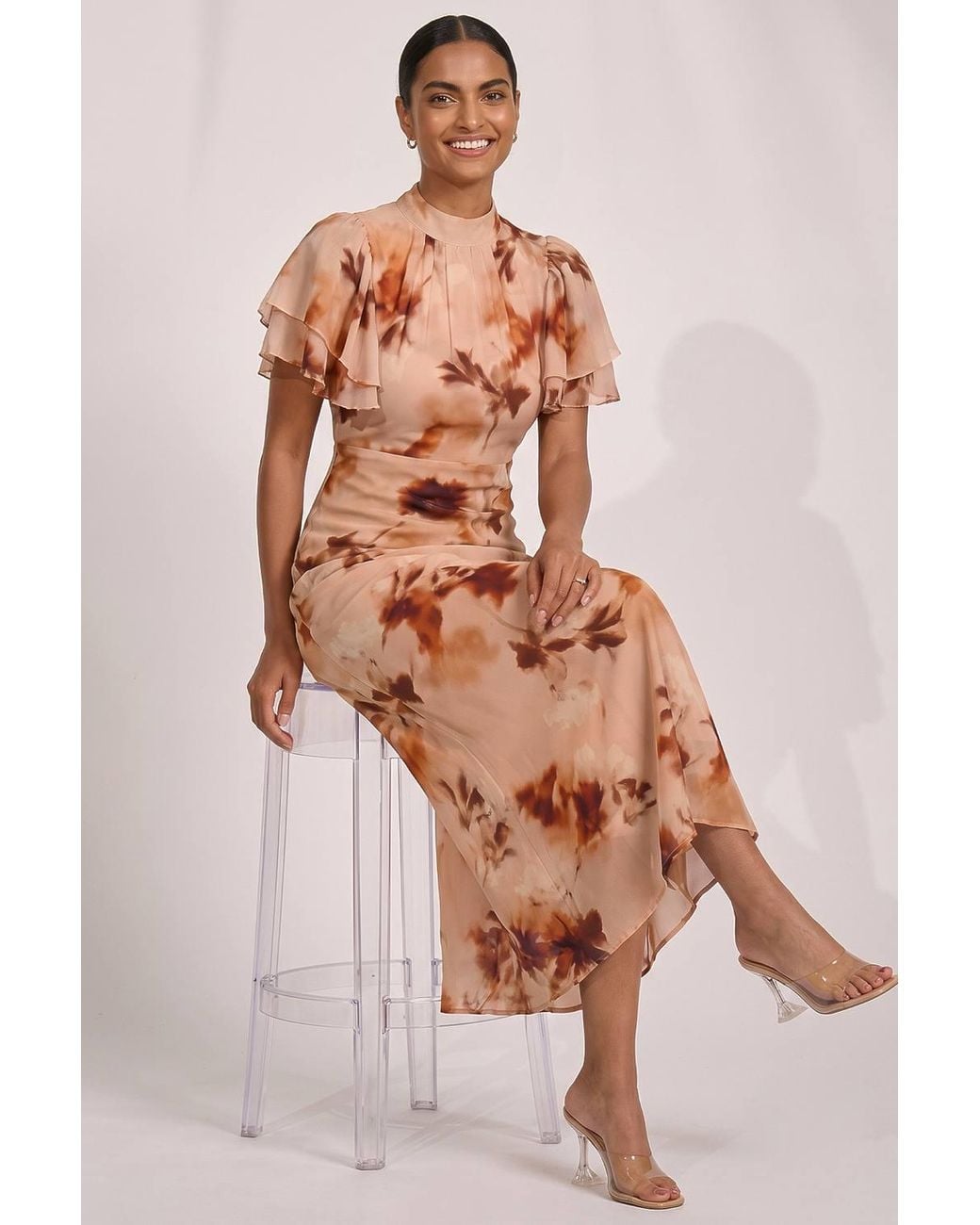 Jolie Moi Natural High Neck Angel Sleeve Chiffon Maxi Dress