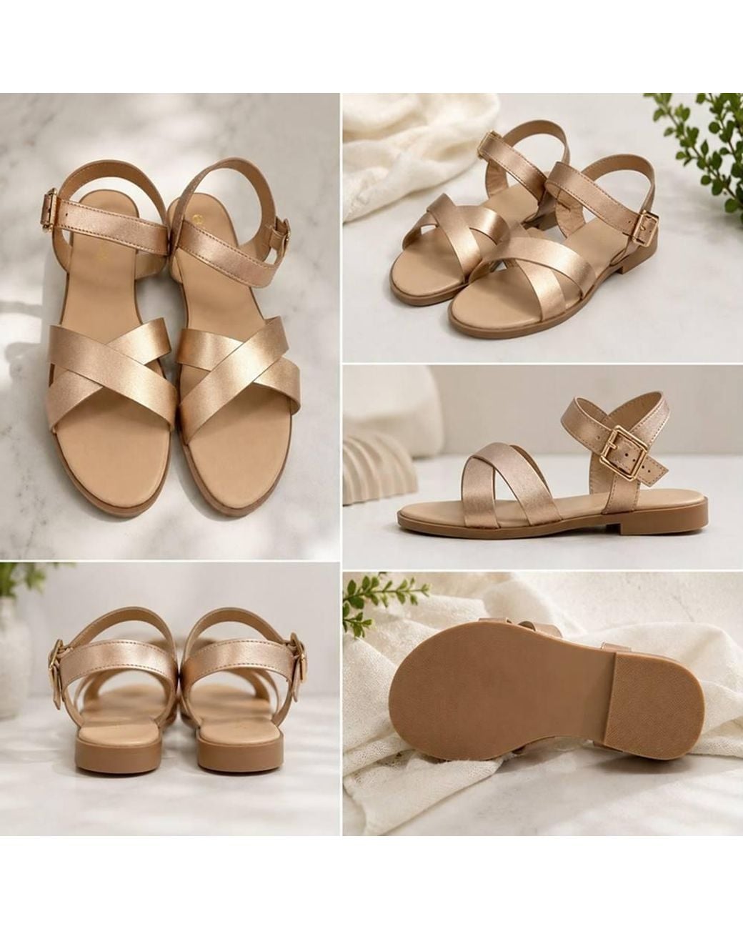 LARANGE Natural Cross Strap Buckle Flat Sandals