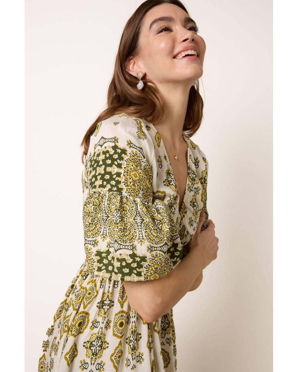 Blue Vanilla Natural V Neck Border Print Maxi Dress