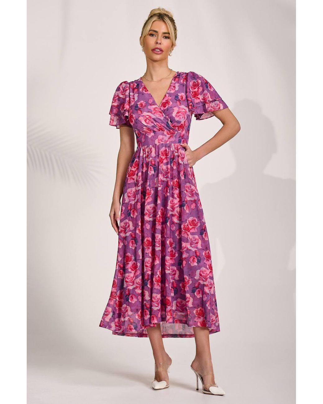 Jolie Moi Pink Angel Sleeve Mesh Midi Dress