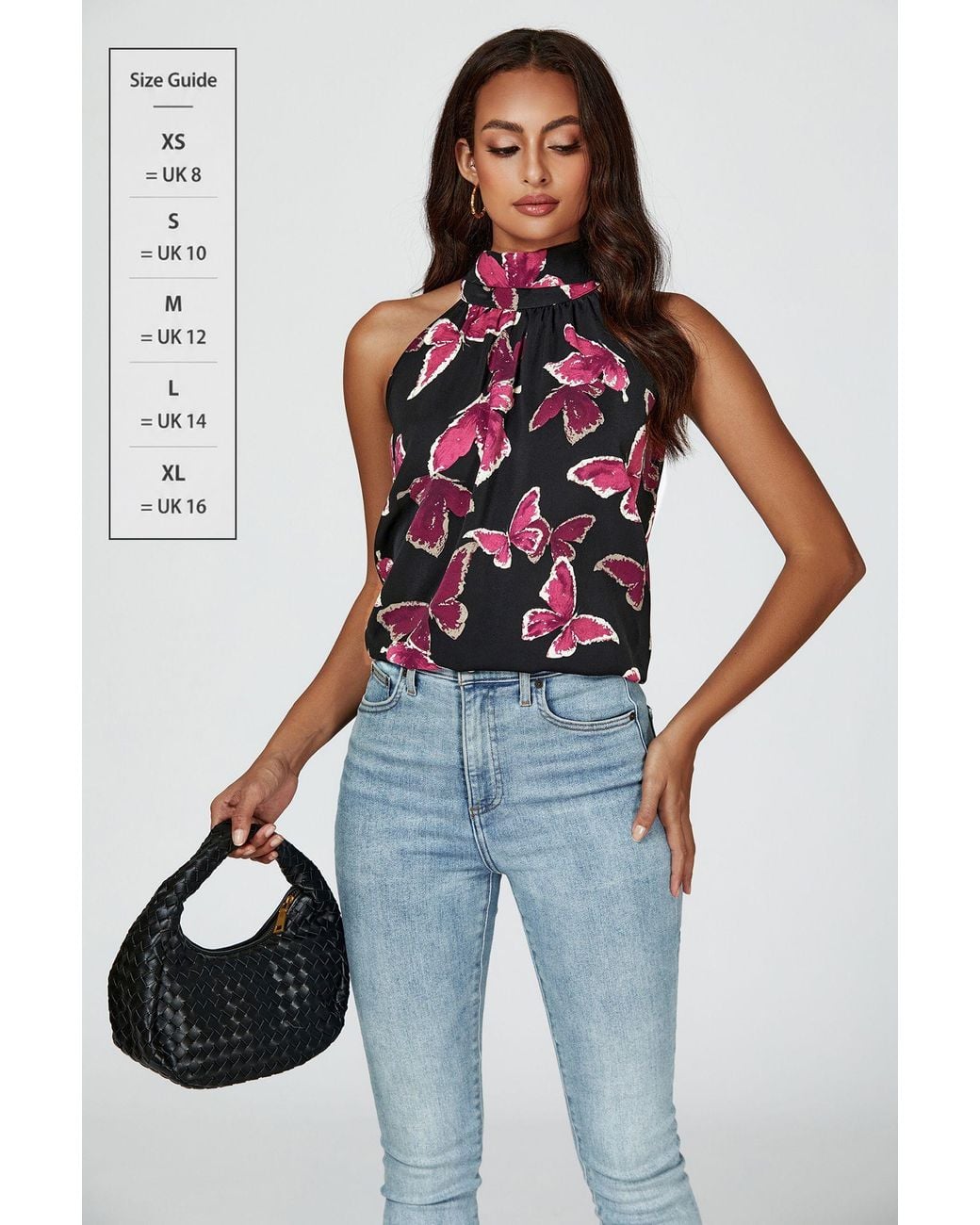 FS Collection Blue Butterfly Print Halter Neck Tie Back Top