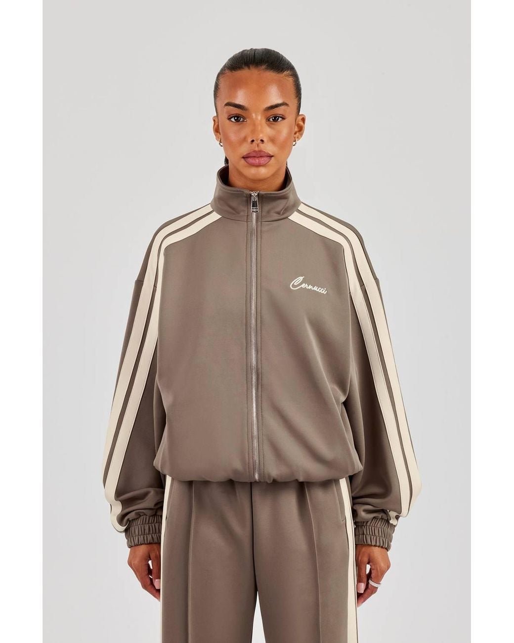 CERNUCCI Brown Funnel Neck Taping Zip Through Track Jacket