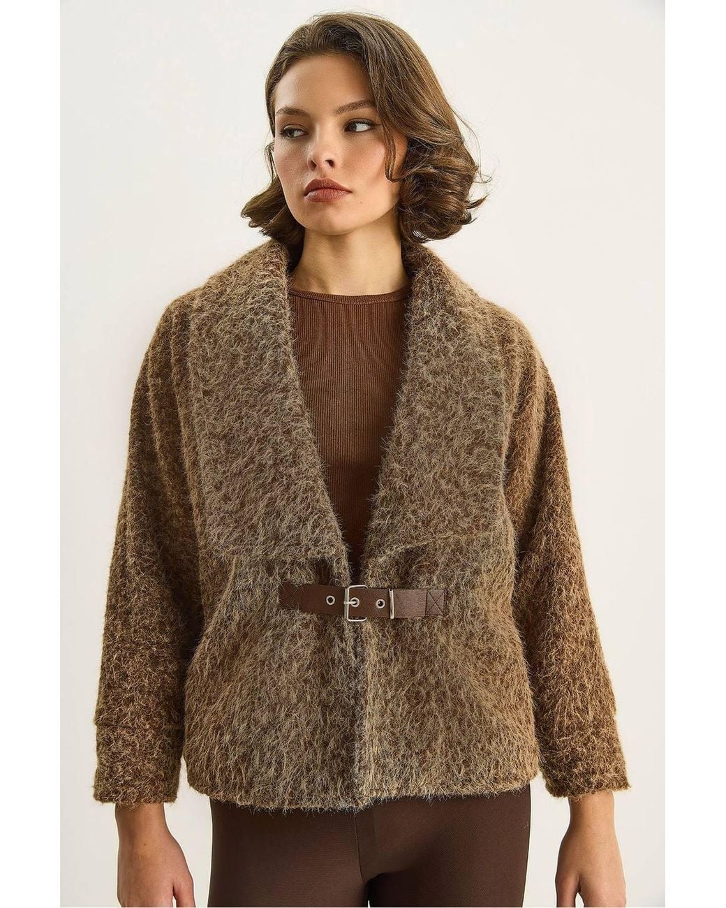 Bianco Lucci Natural Coat With Belt Detail